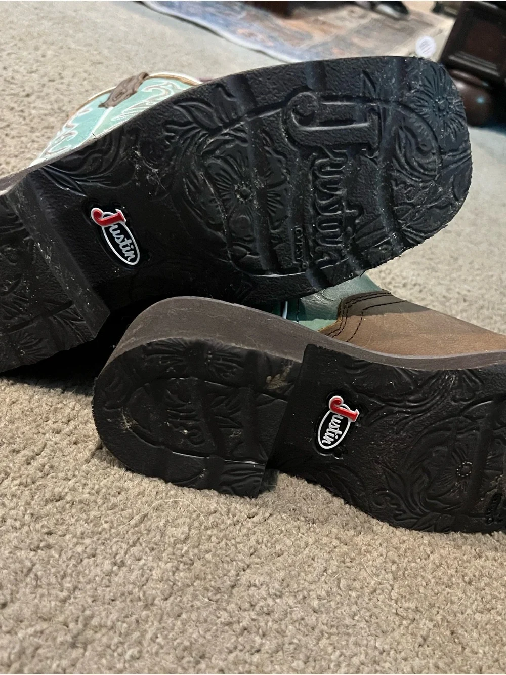 Justin Boots Brown & Teal Embroidered Western Cowboy Boots - Picture 2 of 2